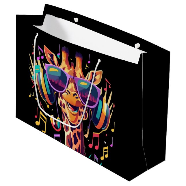 Cool Colourful Party Giraffe with Headphones  Large Gift Bag (Front Angled)