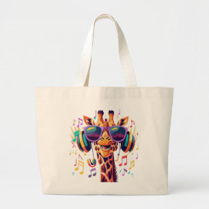 Cool Colourful Party Giraffe with Headphones Large Tote Bag