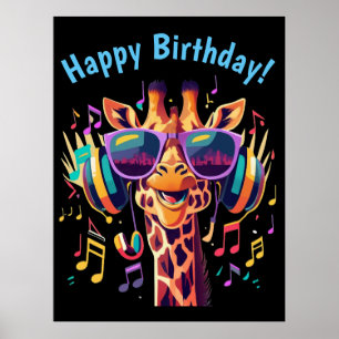 Cool Colourful Party Giraffe with Headphones Poster