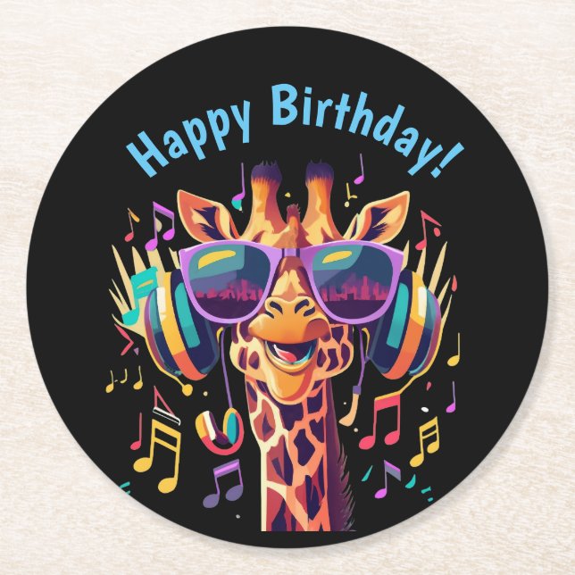 Cool Colourful Party Giraffe with Headphones  Round Paper Coaster (Front)