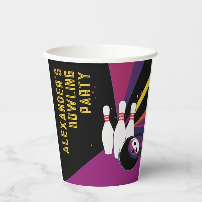 Cool Colourful Purple Bowling Birthday Party Name Paper Cups (Front)