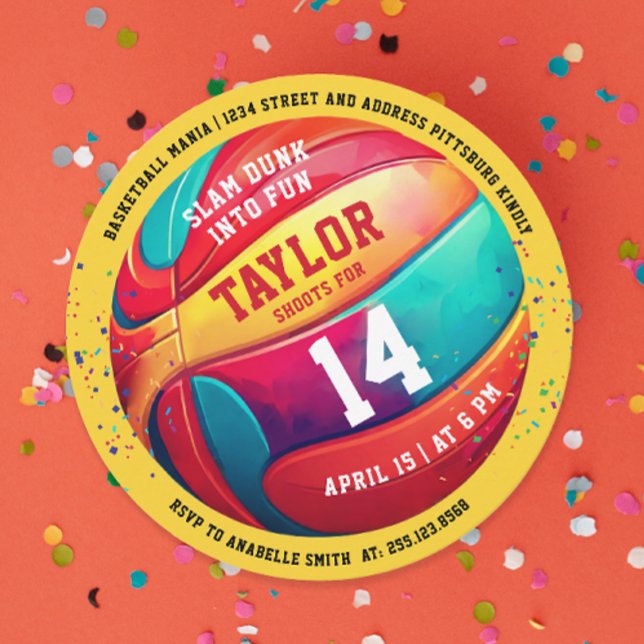 Cool Colourful Sport Slam Dunk Yellow Basketball   Invitation (Creator Uploaded)