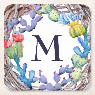 Cool Colourful Watercolor Cactus Monogram Square Paper Coaster