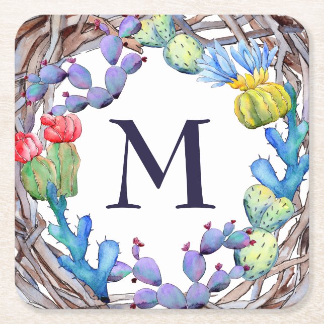 Cool Colourful Watercolor Cactus Monogram Square Paper Coaster (Front)