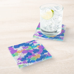 Cool Colours Abstract Splatter Paint, Blurple Glass Coaster