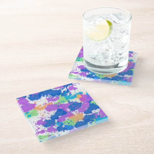 Cool Colours Abstract Splatter Paint, Blurple Glass Coaster (Angled)
