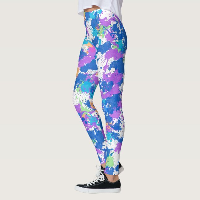 Cool Colours Abstract Splatter Paint, Blurple Leggings (Left)