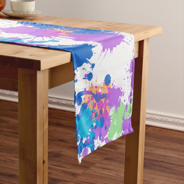 Cool Colours Abstract Splatter Paint, Blurple Short Table Runner (In Situ)