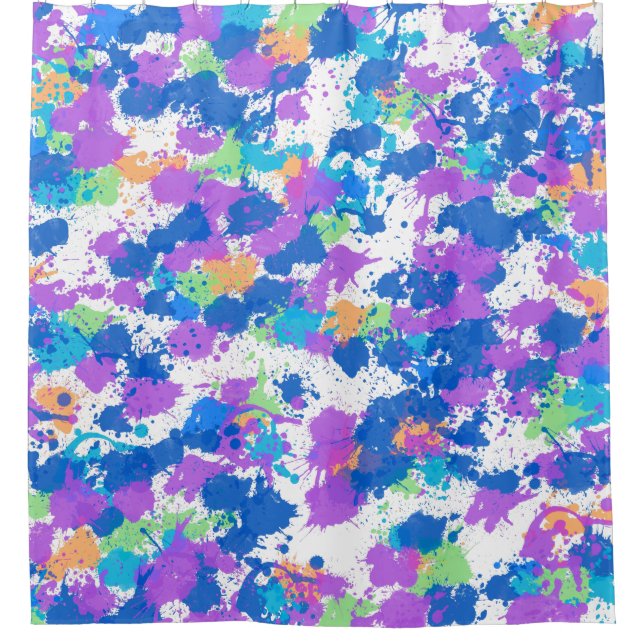 Cool Colours Abstract Splatter Paint, Blurple Shower Curtain (Front)