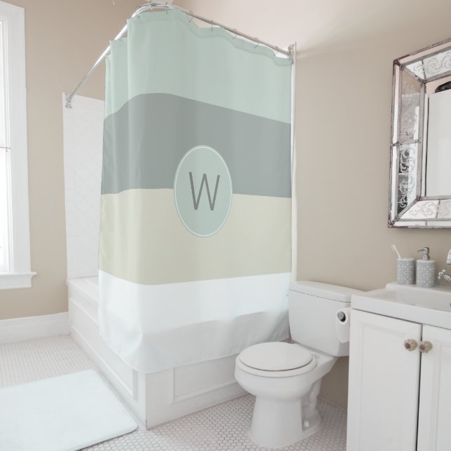 Cool Colours Minimalist Stripes with Monogram Shower Curtain (In Situ)