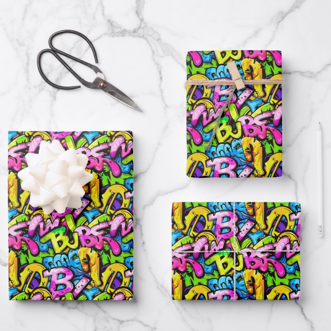 Cool comic graffiti tiled pattern  wrapping paper sheet (Front)
