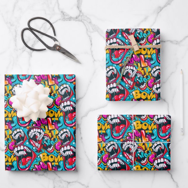 Cool comic graffiti tiled pattern  wrapping paper sheet (Front)