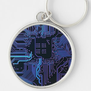 Cool Computer Circuit Board Blue Key Ring