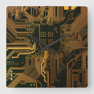 Cool Computer Circuit Board Orange Square Wall Clock