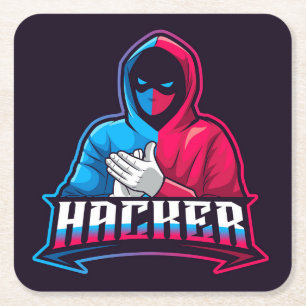 Cool Computer Hacker Cartoon Drawing Square Paper Coaster