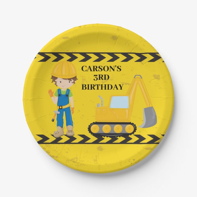 Cool Construction Excavator Custom Kids Birthday Paper Plate (Front)