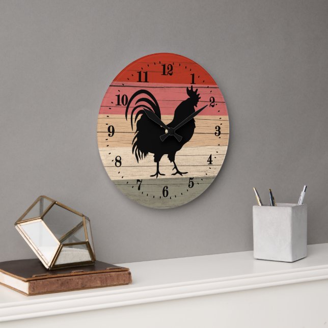 cool Country rooster decor Large Clock (Office)