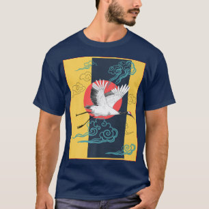 Cool Crane Bird Artwork, Dance of Cranes Japanese  T-Shirt