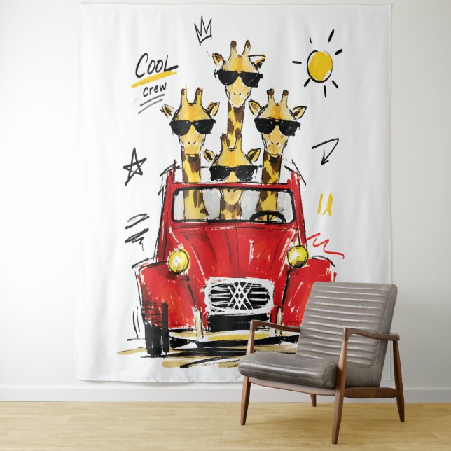 Cool Crew Giraffes in Classic Red Car Tapestry (In Situ)