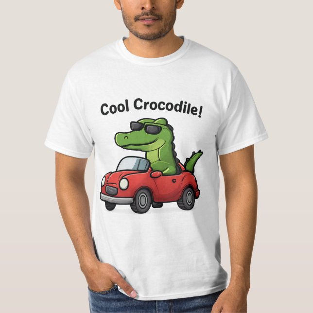 Cool Crocodile Cartoon in Sunglasses Driving a Car T-Shirt (Front)