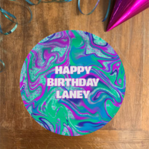 Cool Custom Aqua Swirl Glitter Girl Birthday Party Paper Plate