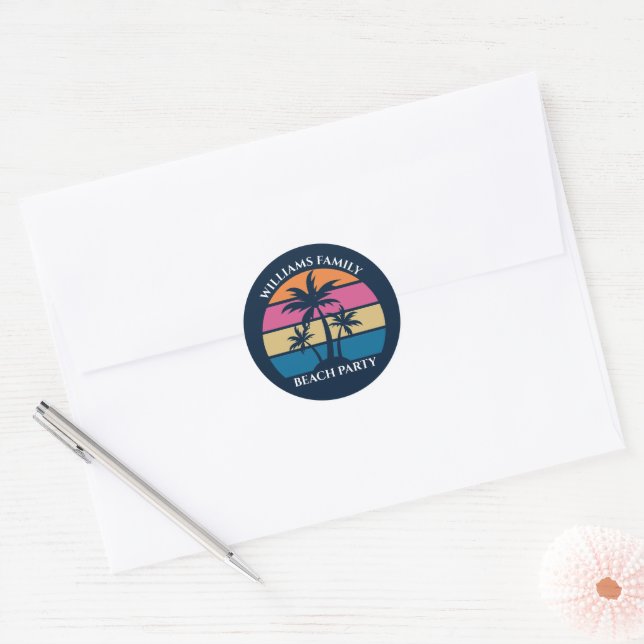 Cool Custom Beach Party Blue Palm Trees Classic Round Sticker (Envelope)