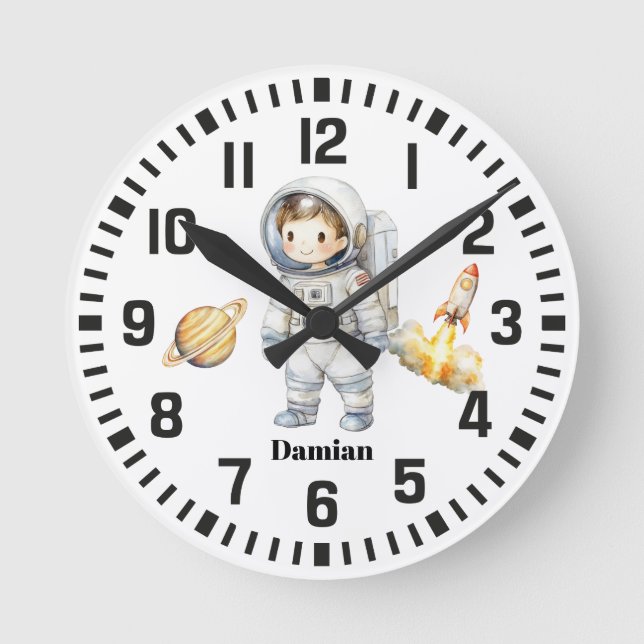 Cool Custom Name Astronaut Boy  Round Clock (Front)