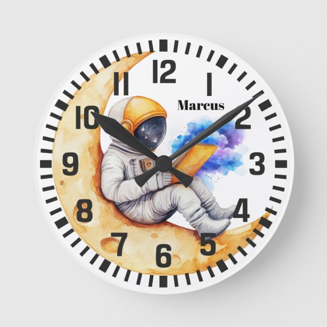 Cool Custom Name Astronaut on the Moon Round Clock (Front)