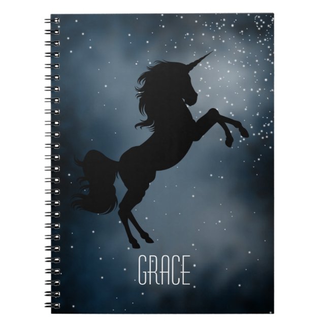 Cool Custom Name Black Galaxy Unicorn Silhouette Notebook (Front)