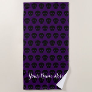 Cool Custom Name Black White Purple Skull Pattern Beach Towel