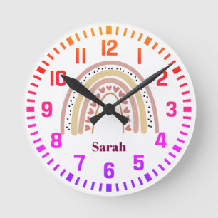 Cool Custom Name Boho Rainbow and Hearts Round Clock