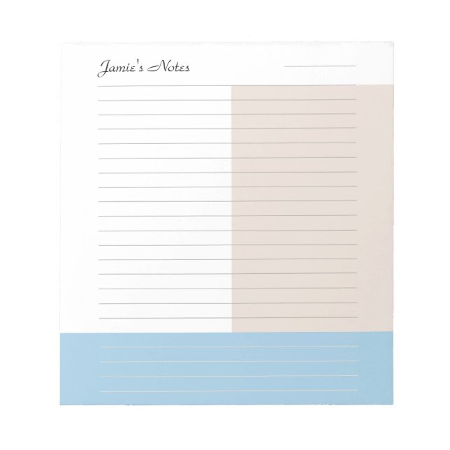 Cool Custom Name Modern Blue Beige Lined  Notepad (Front)