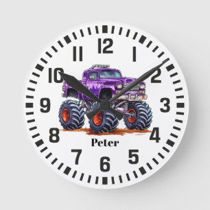 Cool Custom Name Purple Monster Truck Round Clock
