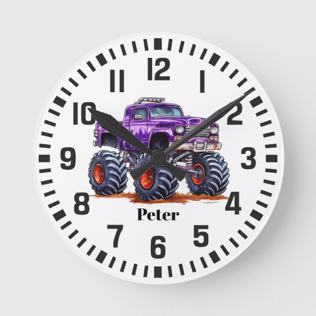 Cool Custom Name Purple Monster Truck  Round Clock (Front)