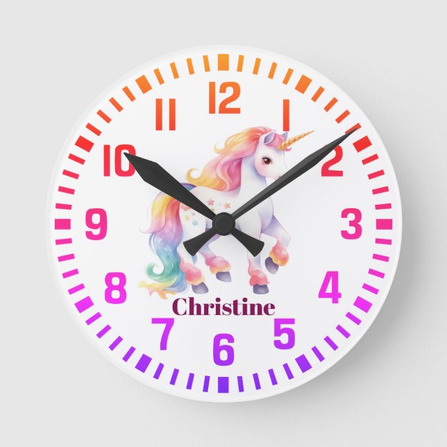 Cool Custom Name Rainbow Unicorn Round Clock (Front)
