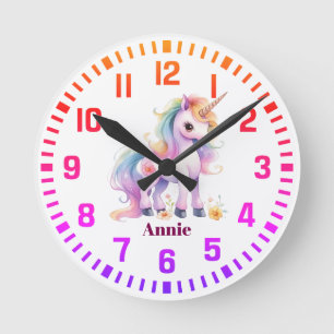 Cool Custom Name Rainbow Unicorn Round Clock