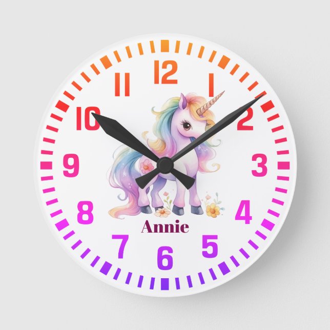 Cool Custom Name Rainbow Unicorn Round Clock (Front)