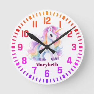 Cool Custom Name Rainbow Unicorn Round Clock