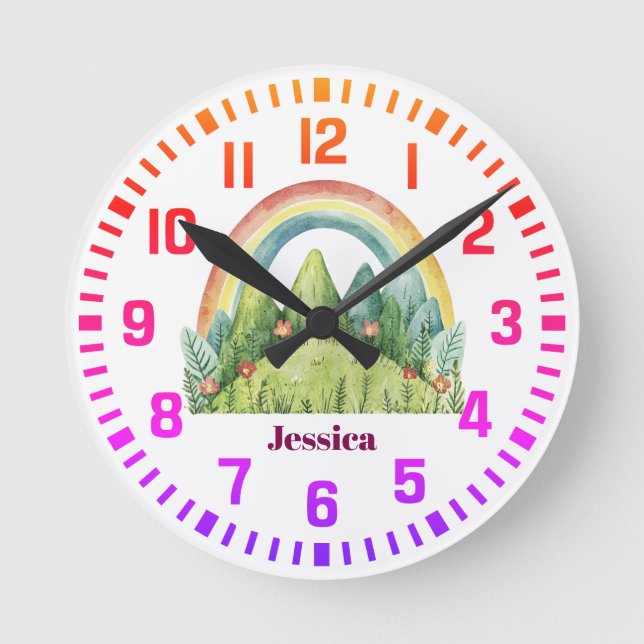 Cool Custom Name Watercolor Rainbow and Mountains Round Clock (Front)