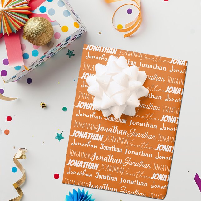 Cool Custom Orange Name Typography Birthday Wrapping Paper Sheet (Creator Uploaded)