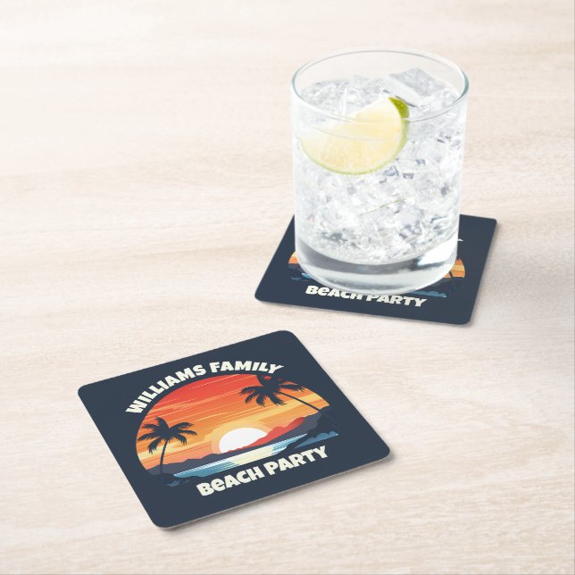 Cool Custom Sunrise Palm Trees Beach Party Blue Square Paper Coaster (Insitu)