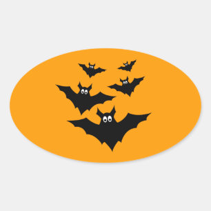 Cool cute Black Flying bats Halloween on Orange Oval Sticker
