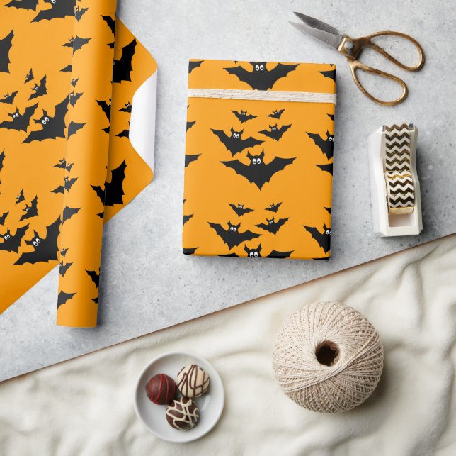 Cool cute Black Flying bats Halloween on Orange Wrapping Paper (Crafts)