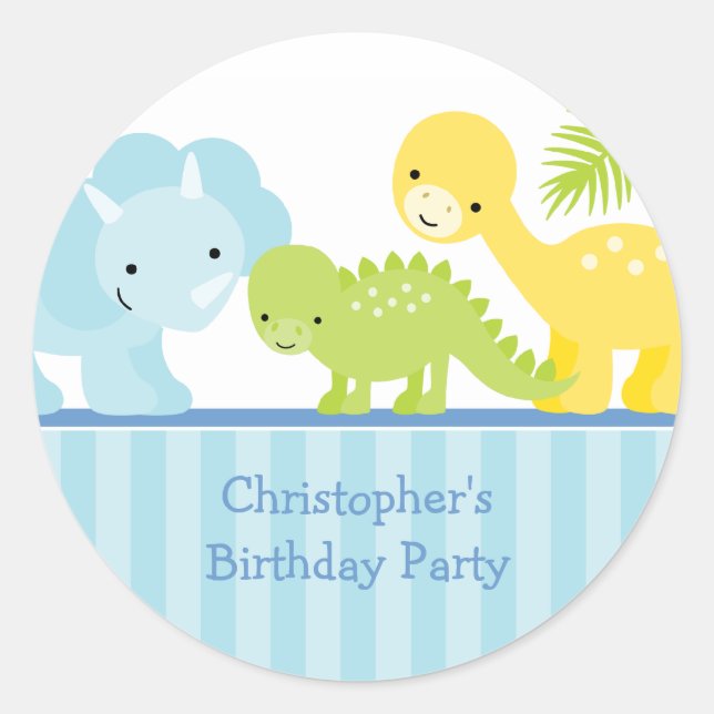 Cool cute boy's dinosaur birthday party stickers (Front)