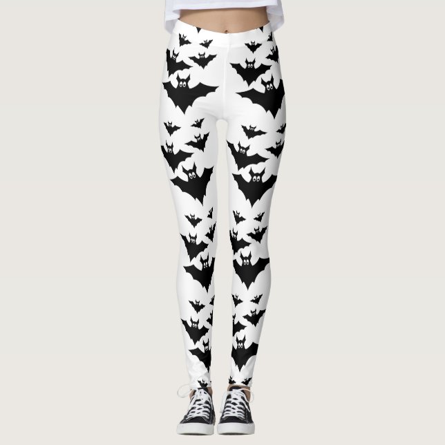 Cool cute Flying bats Halloween Black White Leggings (Front)