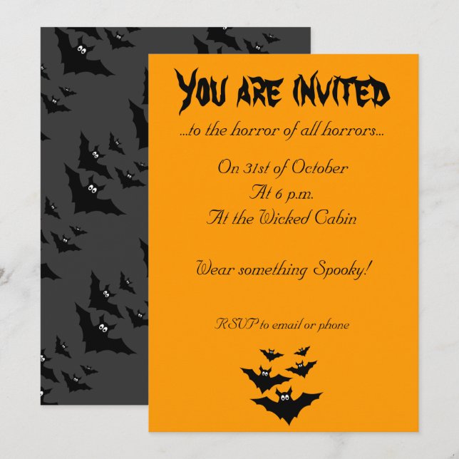 Cool cute Flying bats Halloween Orange Invitation (Front/Back)