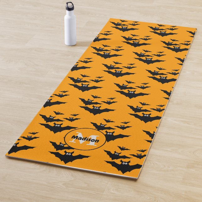 Cool cute Flying bats Halloween pattern Monogram Yoga Mat (In Situ)