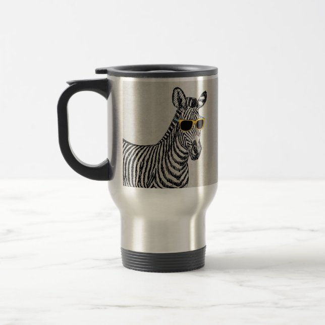 Cool cute funny zebra sketch with  trendy glasses travel mug (Left)