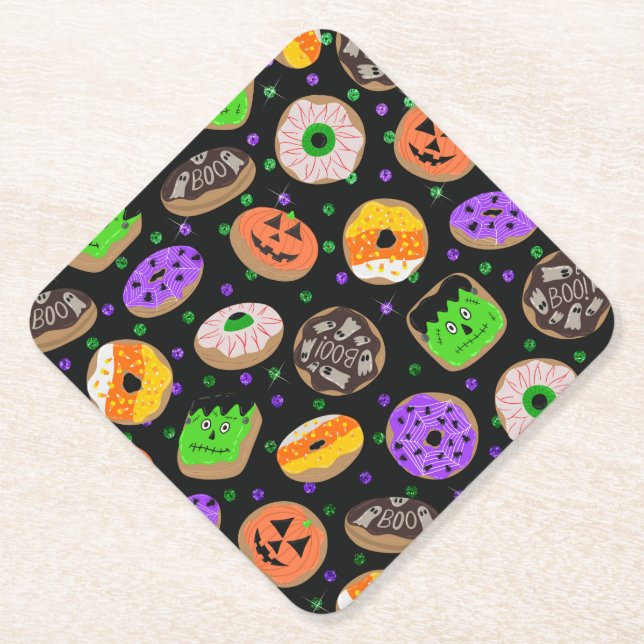 Cool Cute Glitter Confetti Doughnuts Halloween Paper Coaster (Front)