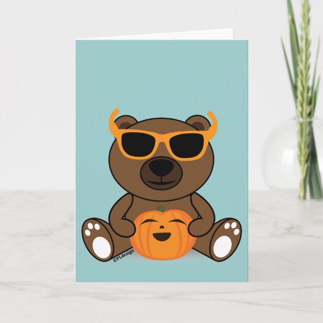 Cool cute Halloween bear sunglasses and pumpkin Card (Front)